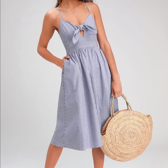 Lulu’s Joyful Days Blue Striped Midi Dress - Picture 1 of 7